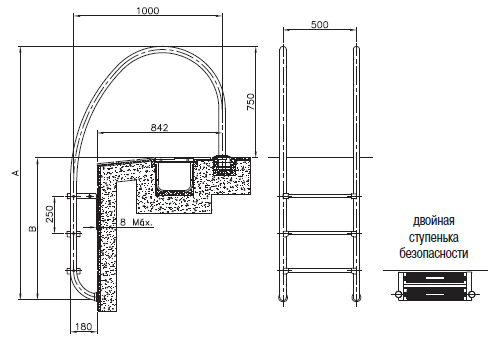 Размеры лестницы для переливных бассейнов Overflow pool 3 ступени, с накладками, верхняя ступень сдвоенная, AISI 316 Арт. 32654